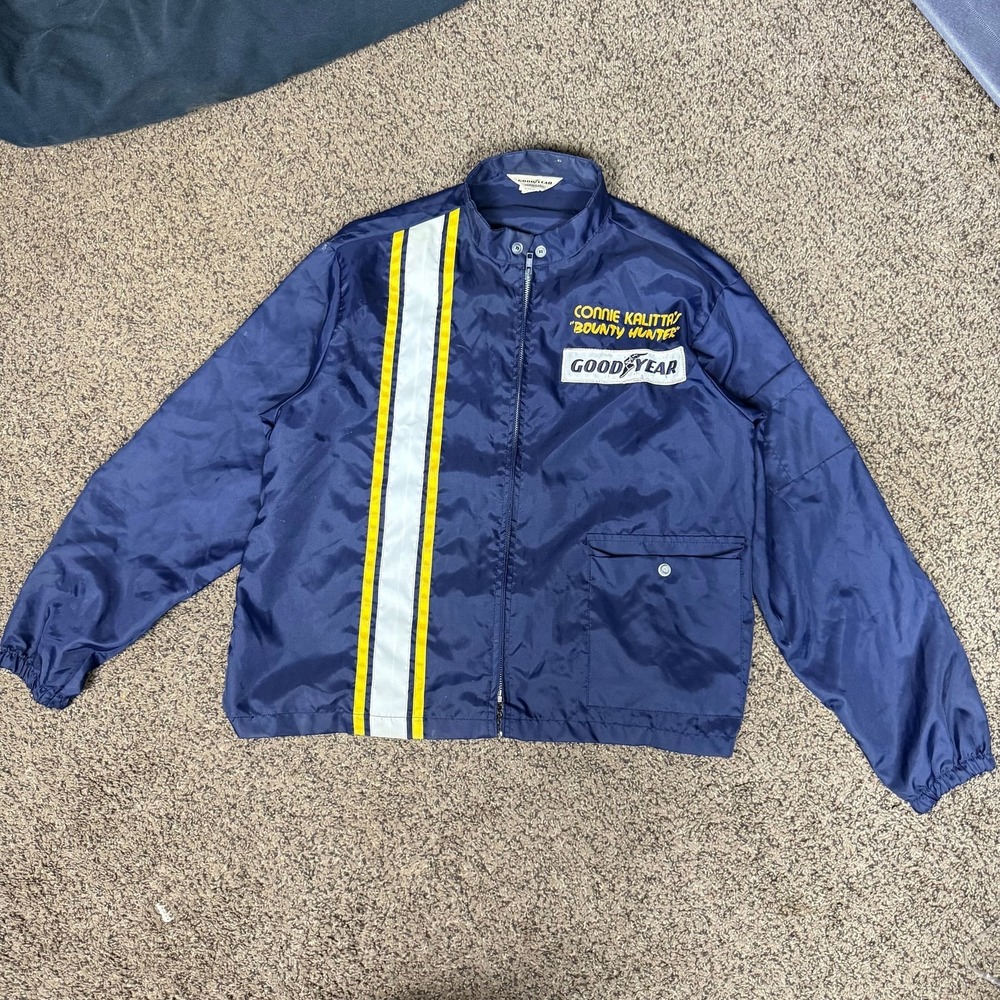 Vintage 1970s Connie Kalittas Bounty Hunter Goodyear Racing Jacket Blue Yellow